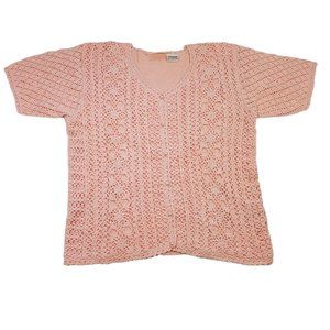 VTG Jaclyn Smith S/S Knit Cardigan Sweater Shirt Pastel Floral Lattice Pearls